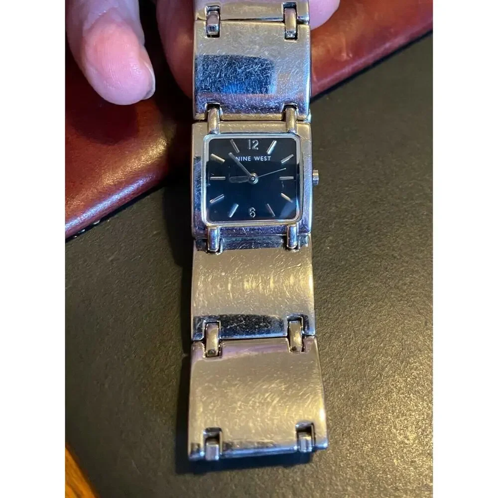 Women's Silver Tone Nine West Watch, Bracelet Band, Black Face